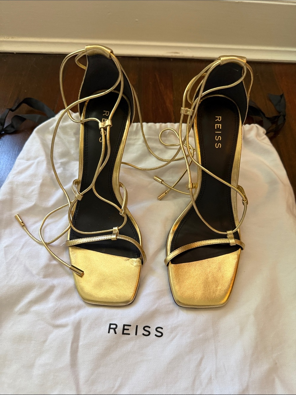 Reiss Metallic Gold Lace-Up Square-Toe Heeled Sandals 38/7.5